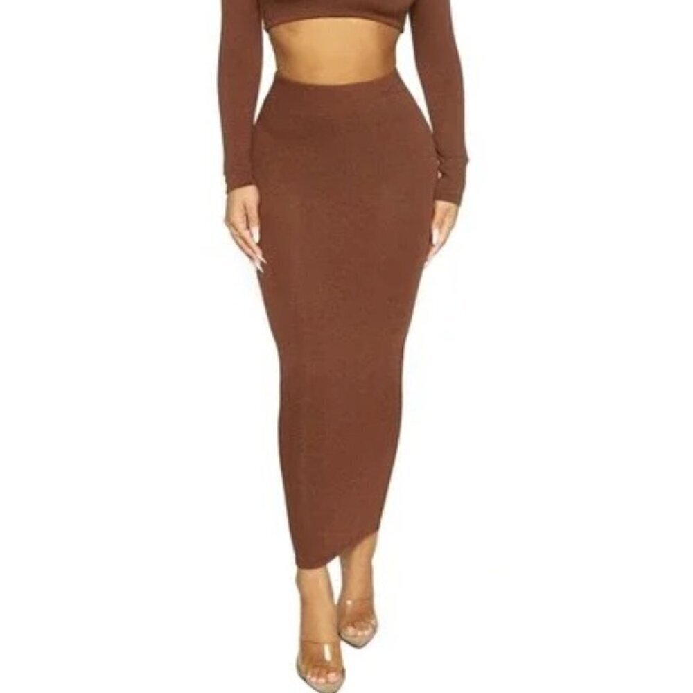NAKED WARDROBE Bodycon Tube Skirt Brown Midi Size S